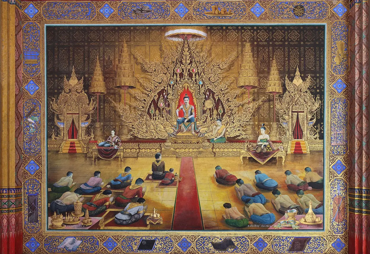 ภาพจิตรกรรมฝาผนังเรื่องขุนช้างขุนแผนที่วัดป่าเลไลยก์วรวิหาร ภาพของ Kriengsak Jirasirirojanakorn จาก Wikimedia Commons ใบอนุญาต CC BY-SA 4.0