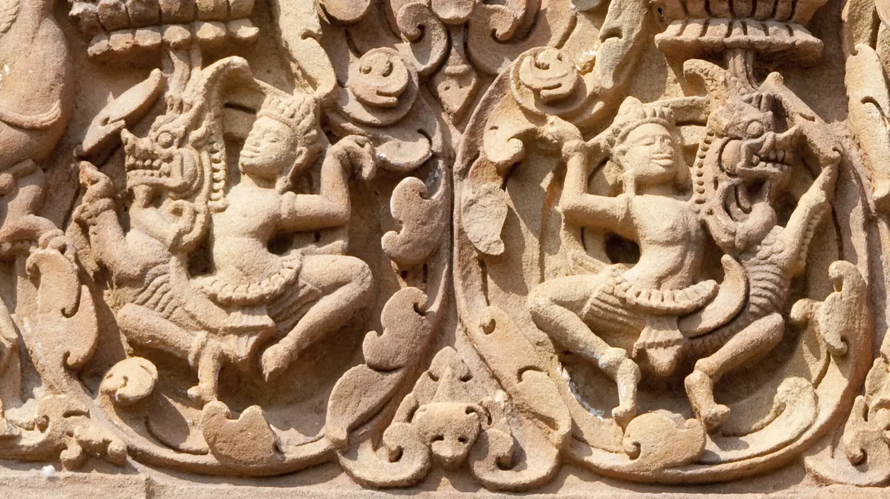 ภาพรายละเอียดทับหลังรูปมังกรที่ปราสาทศีขรภูมิ ภาพของ Ddalbiez จาก Wikimedia Commons ใบอนุญาต CC BY-SA 3.0 ชื่อไฟล์ระบุว่า Dragons: detail of a lintel