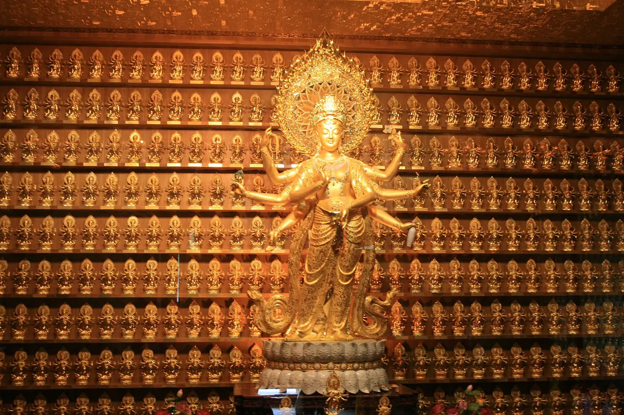 รูปปั้นกวนอิมทองรายล้อมด้วยพระพุทธรูปเล็กจำนวนมาก ภาพจากคอมมอนส์ ถ่ายในเขตหนานซาน