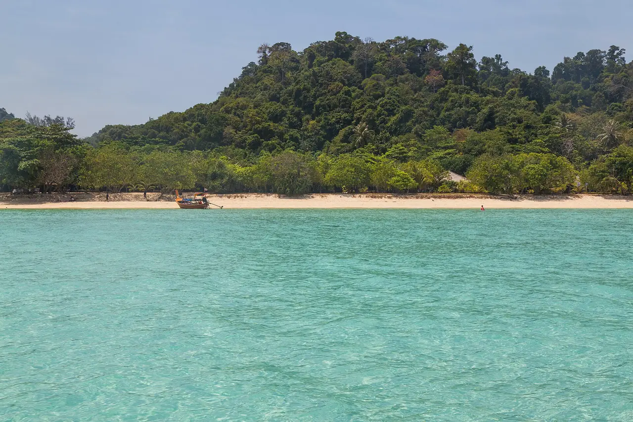 ชายหาดและป่าบนเกาะไหง มีเรือหางยาวจอดริมหาด ภาพถ่ายจาก Wikimedia Commons