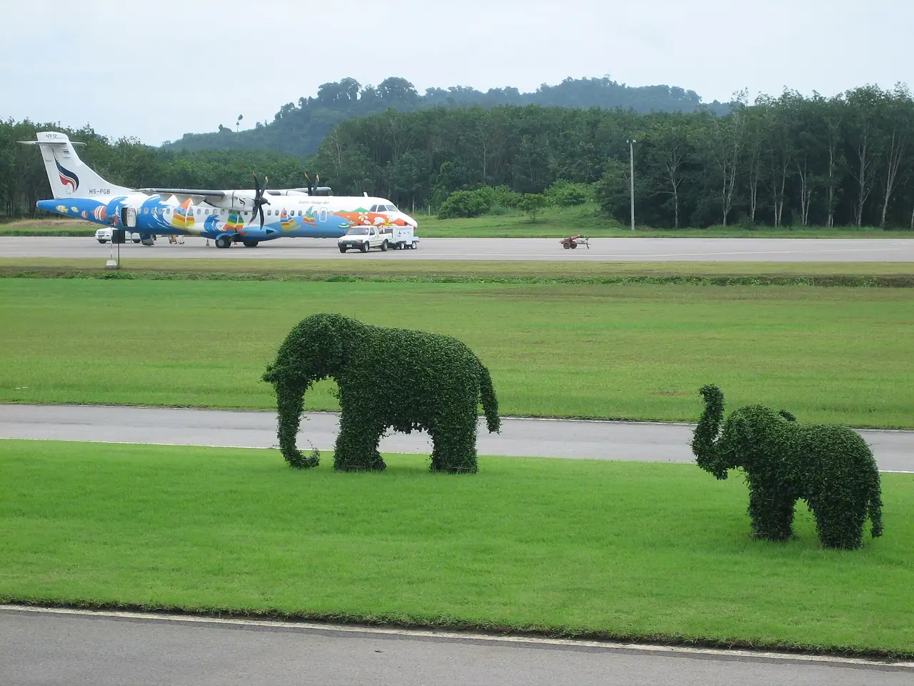 เครื่องบิน ATR 72 ของบางกอกแอร์เวย์สบนลานจอดที่สนามบินตราด มีต้นไม้ตัดแต่งรูปช้างอยู่ด้านหน้า