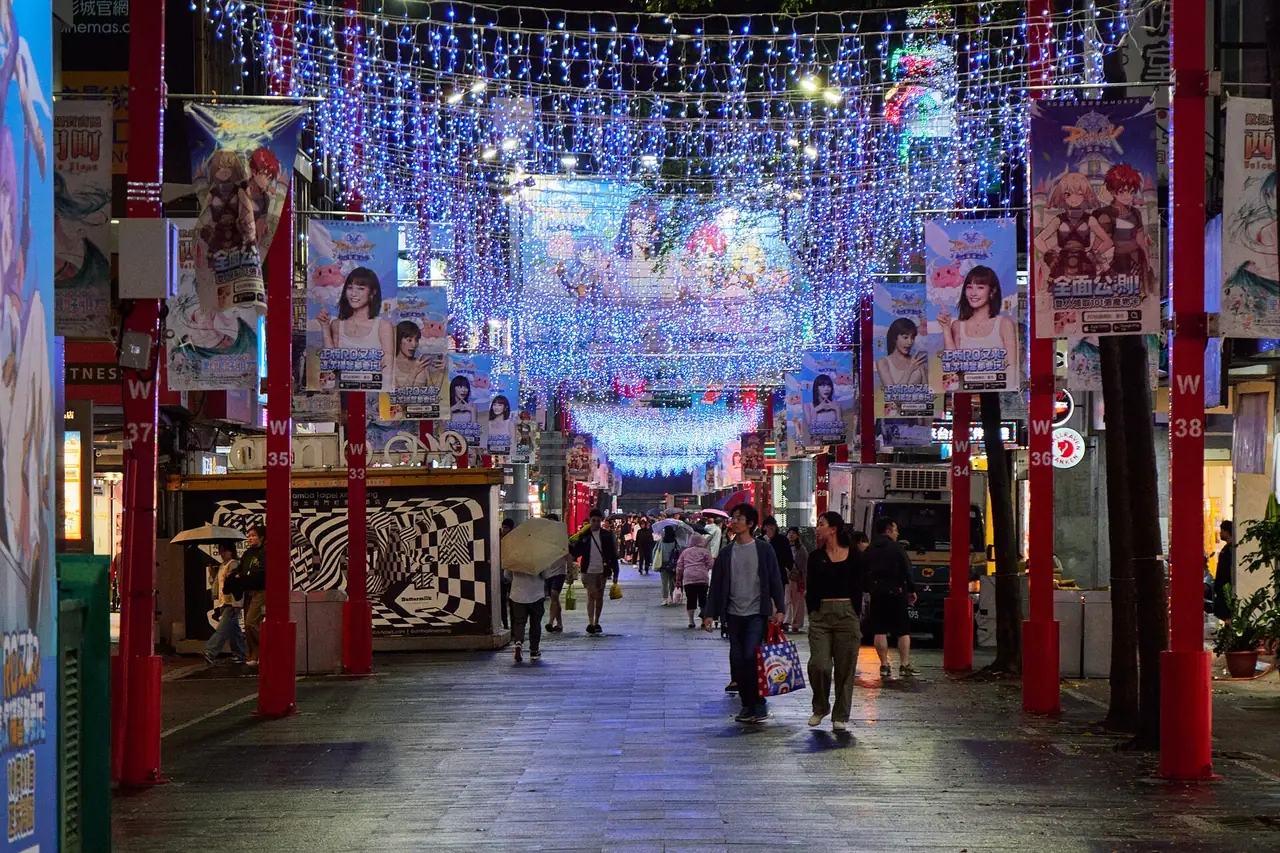 ถนนคนเดินหลักของซีเหมินติงประดับไฟและป้ายโฆษณา ภาพจาก Wikimedia Commons ผู้ถ่าย lumoplank สัญญา CC0