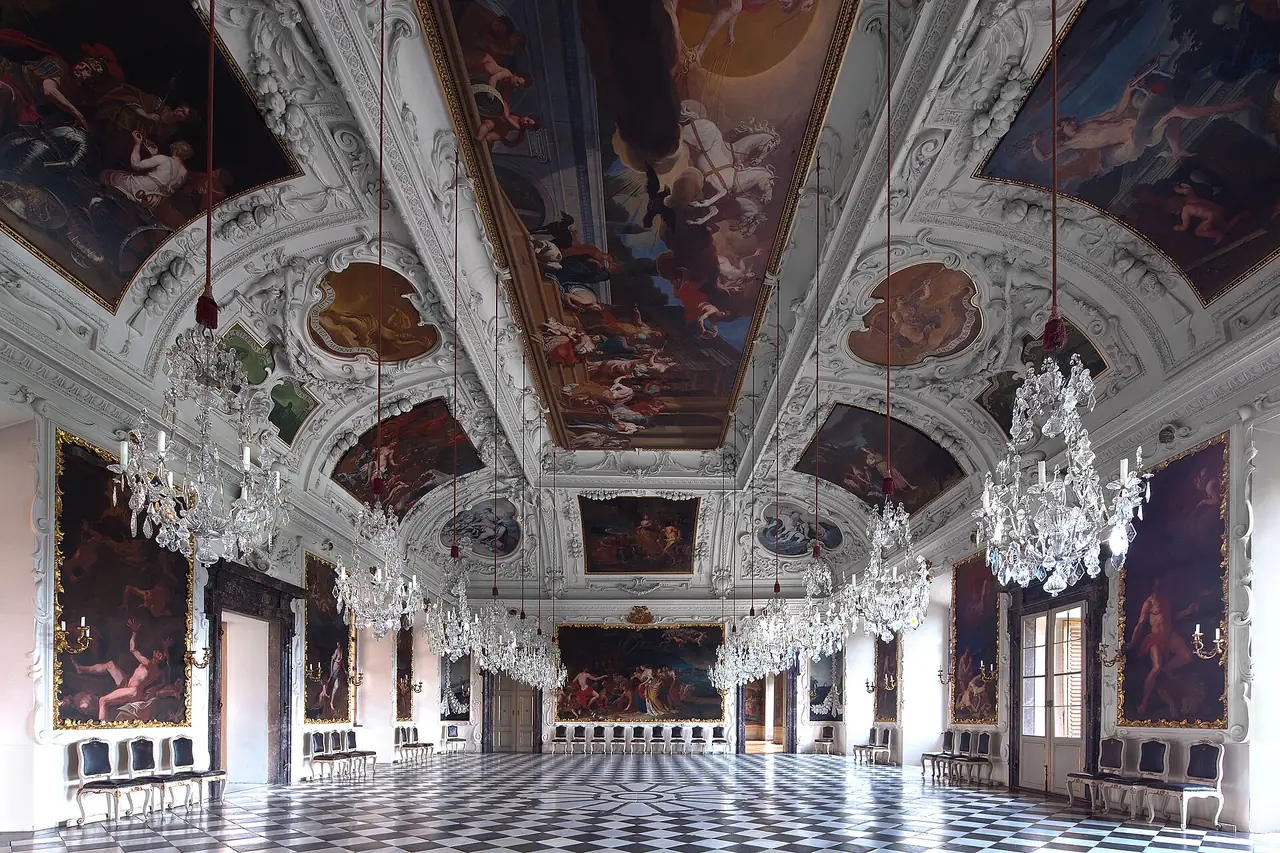 ห้อง Planetensaal ในปราสาท Eggenberg เพดานภาพวาดโดย Hans Adam Weissenkircher ตามคำอธิบายไฟล์ ภาพจาก Wikimedia Commons ผู้ถ่าย Dult-tac สัญญา CC BY-SA 4.0