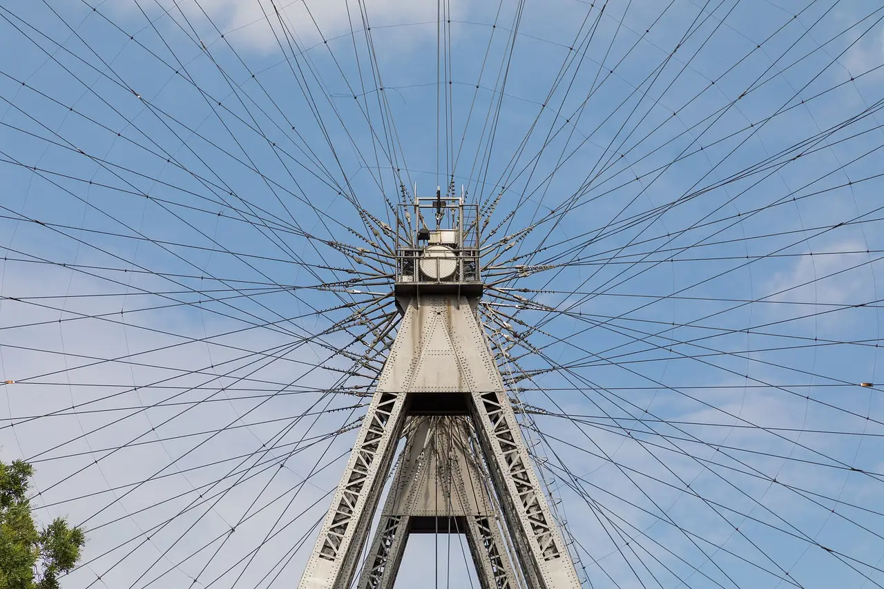 โครงเหล็กและสายสลิงของ Riesenrad มองจากด้านล่าง ภาพจาก Wikimedia Commons ผู้ถ่าย Dietmar Rabich สัญญา CC BY-SA 4.0 (ถ่ายปี 2561)