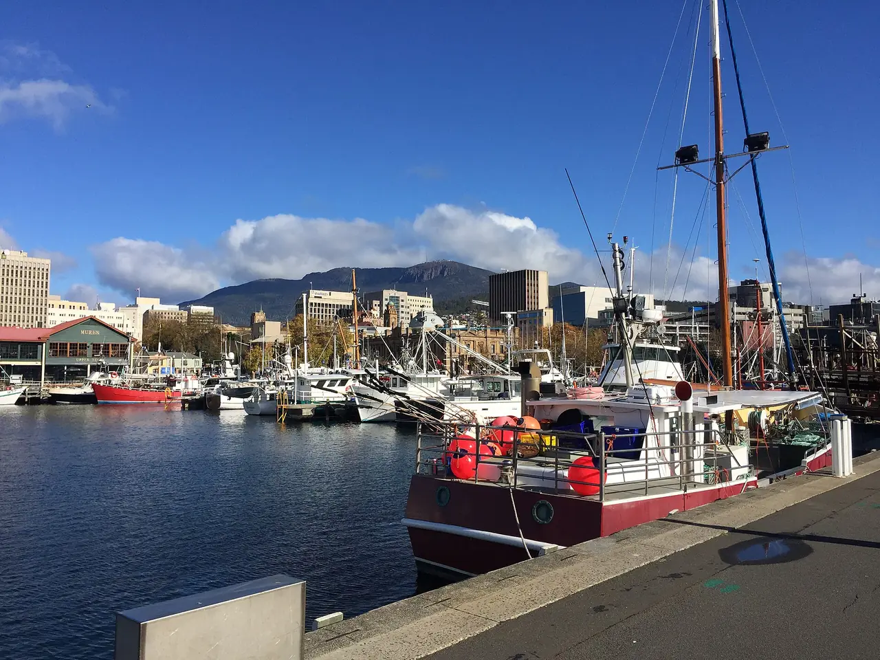 ท่าเรือกลางเมืองฮอบาร์ต มองเห็นเรือประมงและภูเขา Mount Wellington เป็นฉากหลัง ภาพจาก Wikimedia Commons ผู้ถ่าย Paris Buttfield-Addison สัญญา CC BY 2.0 ถ่ายปี 2015