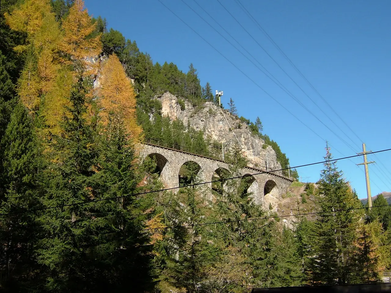 สะพานหินโค้งบนสาย Albula ช่วง Bergün-Preda ท่ามกลางต้นสนใบเหลือง ภาพจาก Wikimedia Commons ผู้ถ่าย Lord Koxinga สัญญา CC BY-SA 3.0 ถ่ายเดือนตุลาคม 2550 ตามชื่อไฟล์ เป็นภาพประกอบ