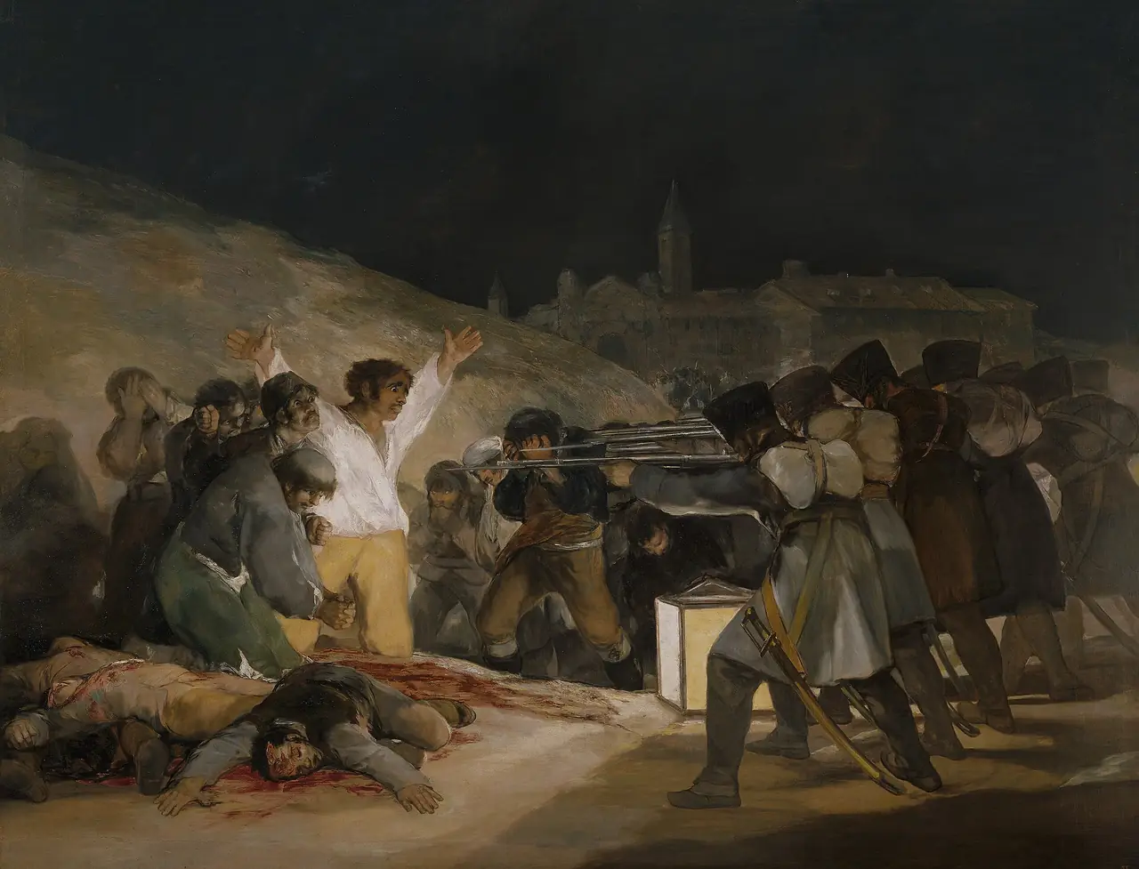ภาพ El Tres de Mayo โดยฟรานซิสโก โกยา ผลงานในคอลเลกชันของพิพิธภัณฑ์ปราโด ภาพจาก Wikimedia Commons สัญญาสาธารณสมบัติ