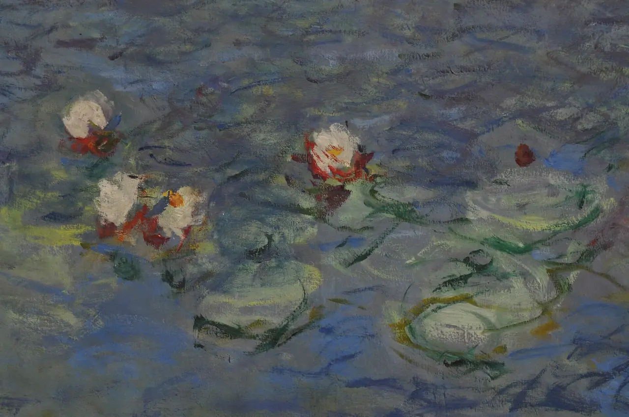 รายละเอียดผิวสีและดอกบัวในแผงภาพ Nymphéas ของ Monet ที่ Orangerie ภาพจาก Wikimedia Commons ผู้ถ่าย DocDaysleeper สัญญา CC BY-SA 4.0