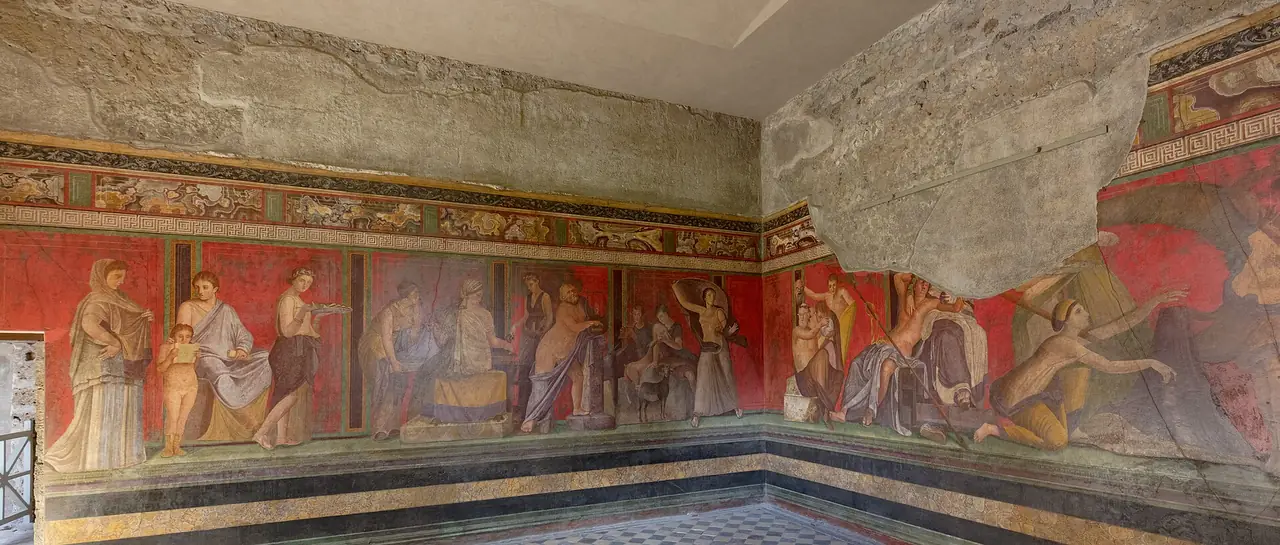 ห้องภาพเขียนฝาผนังของ Villa of the Mysteries ที่ปอมเปอี ภาพจาก Wikimedia Commons ผู้ถ่าย Diego Delso สัญญา CC BY-SA 4.0 ถ่ายมีนาคม 2566
