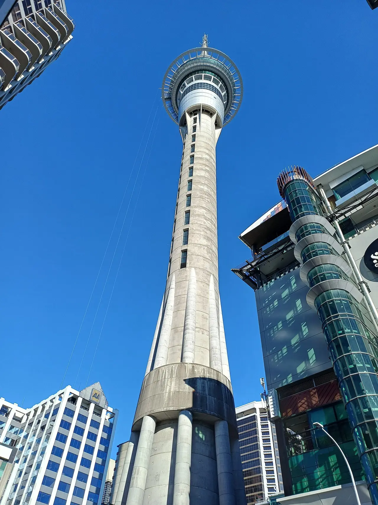 Sky Tower มองจากระดับถนนในย่านใจกลางเมืองโอ๊คแลนด์ ภาพจาก Wikimedia Commons ผู้ถ่าย Radosław Botev สัญญา CC BY 3.0 pl