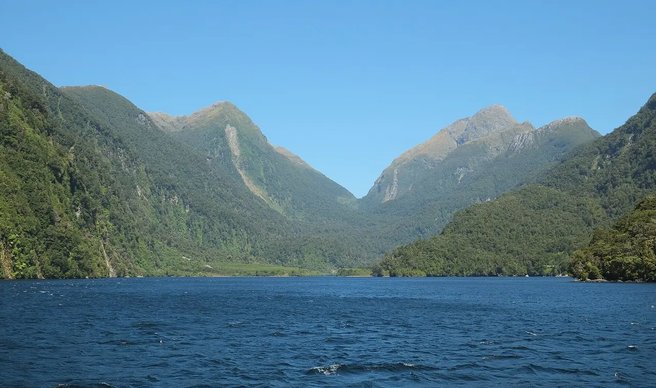 ผืนน้ำของ Doubtful Sound ที่ Deep Cove มีภูเขา Wilmot Pass เป็นฉากหลัง ภาพจาก Wikimedia Commons ผู้ถ่าย Pseudopanax สถานะ Public domain ไม่ระบุปี