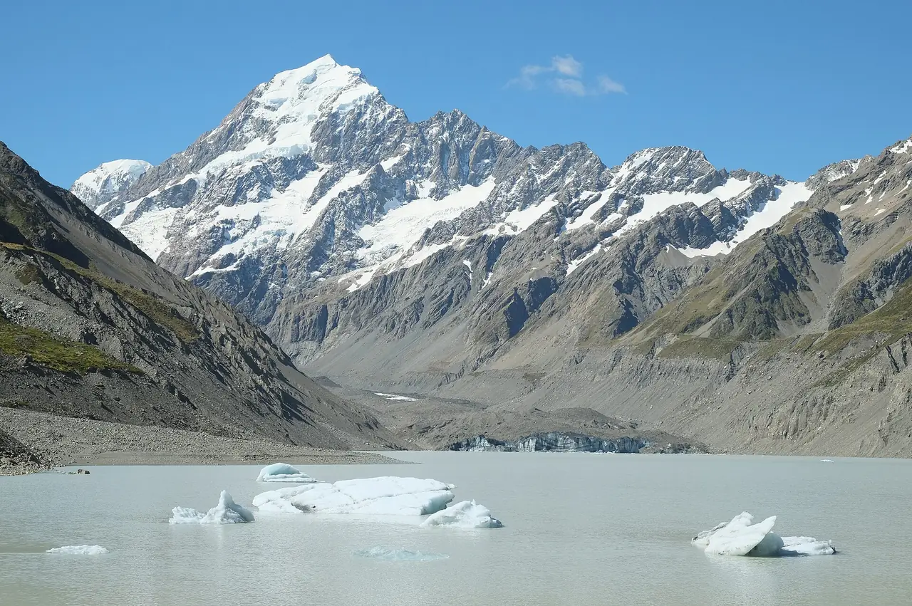 ภูเขาน้ำแข็งลอยในทะเลสาบ Hooker Glacier หน้า Aoraki / Mount Cook ภาพจาก Wikimedia Commons ผู้ถ่าย Pseudopanax สัญญา CC BY 3.0 ไม่ระบุปี