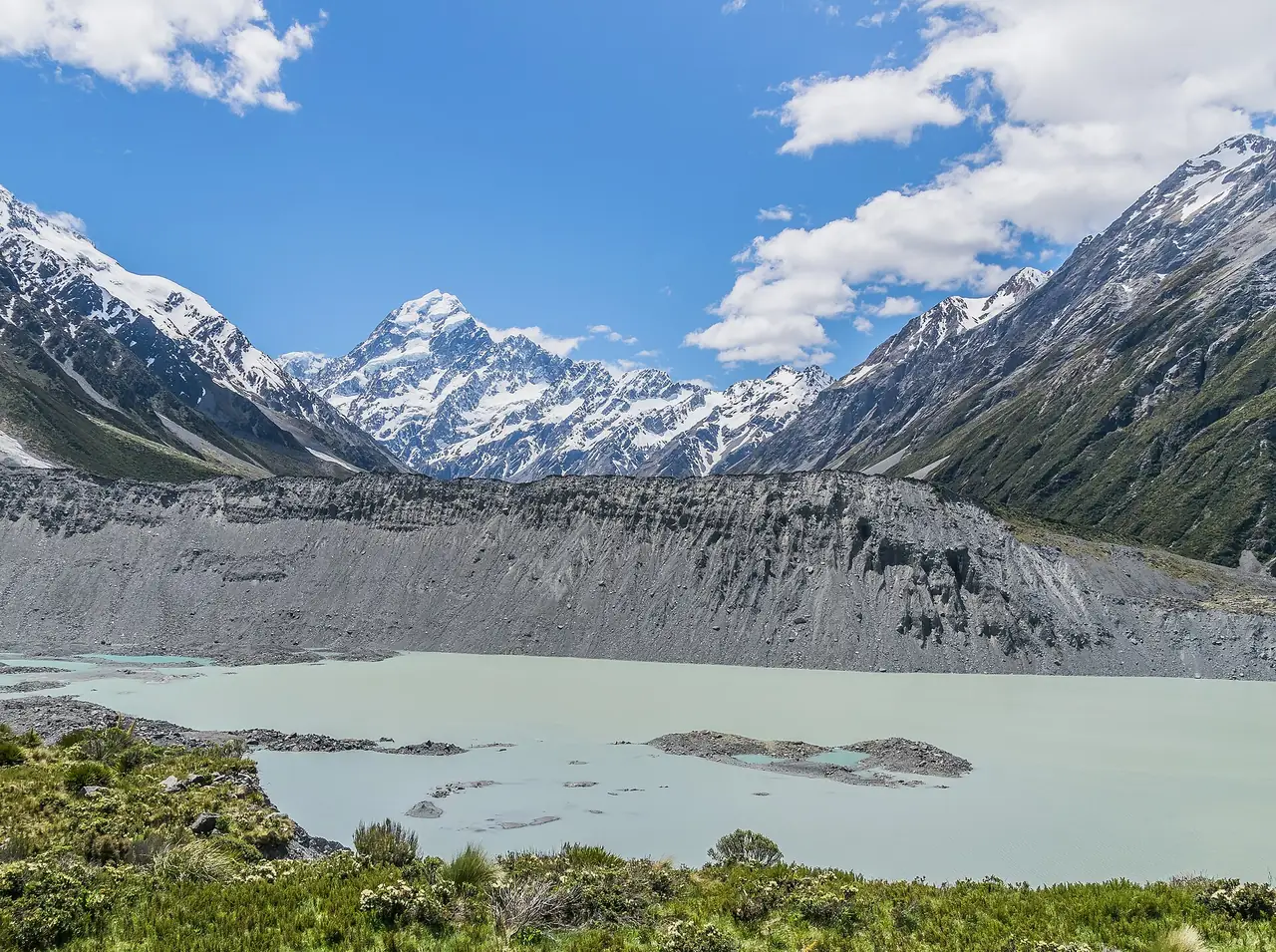 ทะเลสาบ Mueller จากลานชม Kea Point เห็นกำแพงเศษหินธารน้ำแข็งและยอด Aoraki ไกลๆ ภาพจาก Wikimedia Commons ผู้ถ่าย Krzysztof Golik สัญญา CC BY-SA 4.0