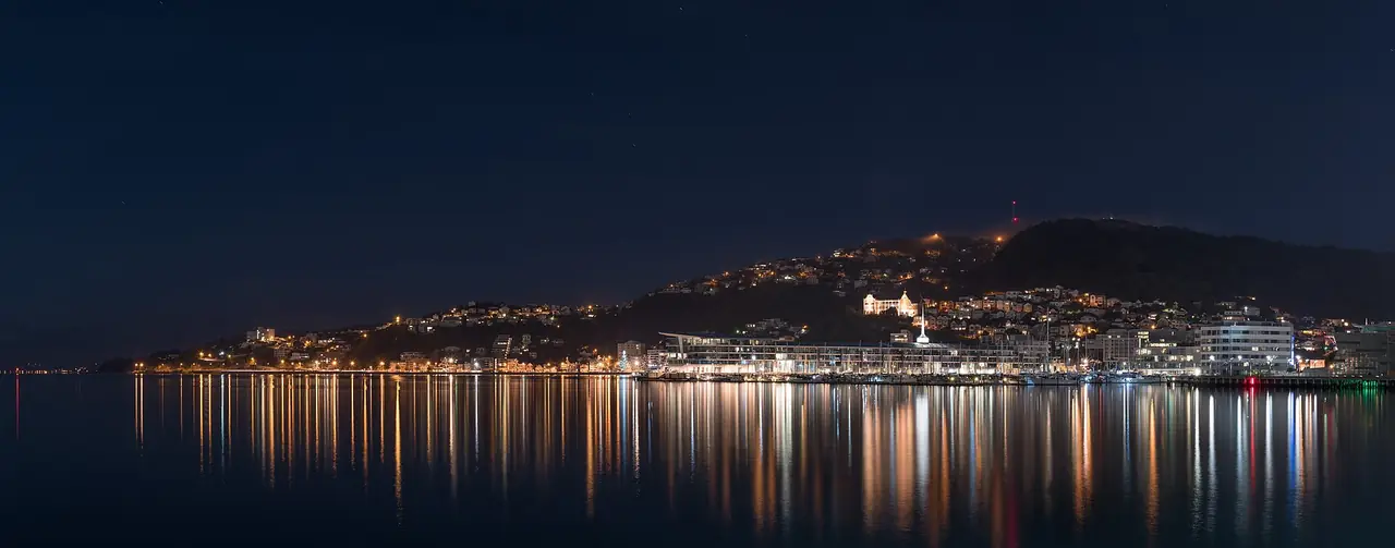 ไฟริมอ่าว Oriental Bay ในเวลากลางคืน ภาพจาก Wikimedia Commons ผู้ถ่าย Simeon W สัญญา CC BY-SA 3.0 ไม่ระบุปี