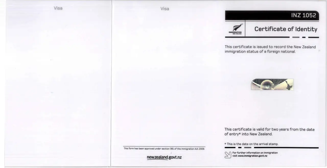 แบบฟอร์ม Certificate of Identity (INZ 1052) ของ Immigration New Zealand ภาพจาก Wikimedia Commons ผู้จัดทำ Immigration New Zealand สัญญา สาธารณสมบัติ ภาพนี้เป็นเอกสารแสดงตัวสำหรับผู้ไม่มีหนังสือเดินทาง ไม่ใช่วีซ่าท่องเที่ยวของคนไทย ใช้เป็นภาพประกอบเอกสารตรวจคนเข้าเมืองเท่านั้น