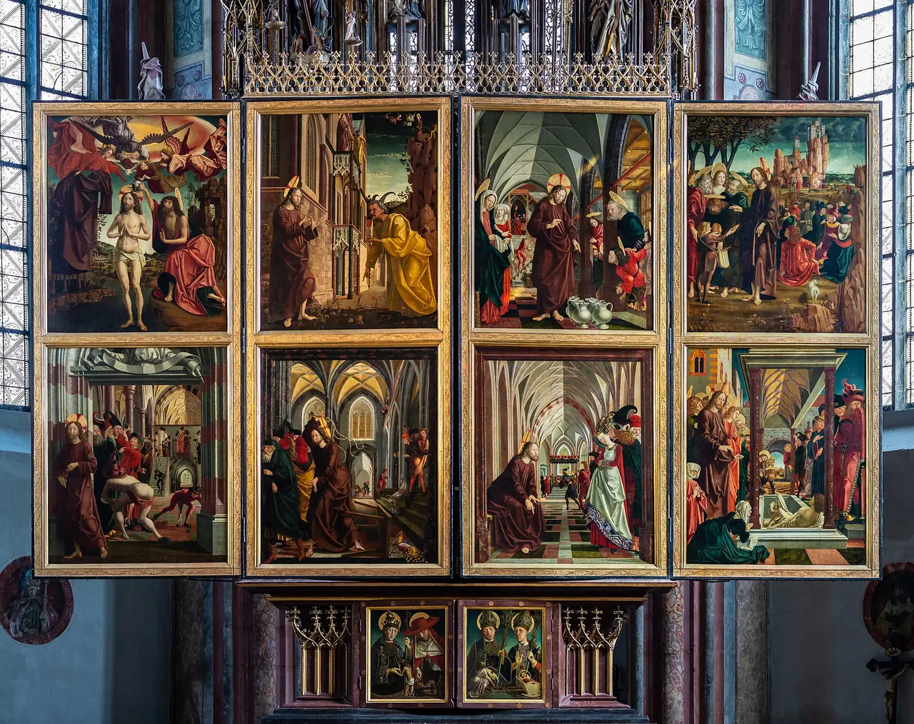 แท่นบูชา Pacher ในโบสถ์แสวงบุญที่ซังต์วูล์ฟกัง ด้านวันอาทิตย์ ภาพจาก Wikimedia Commons ผู้ถ่าย Uoaei1 สัญญา CC BY-SA 4.0 เป็นภาพถ่ายของงานศิลป์ ไม่ใช่ภาพที่เราถ่าย