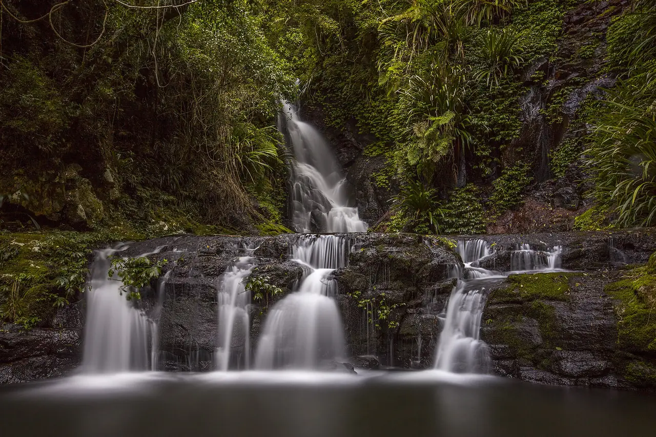 น้ำตก Elabana Falls ไหลลงเป็นชั้น ๆ ท่ามกลางป่าเขียวใน Lamington National Park ภาพจาก Wikimedia Commons ผู้ถ่าย Alandean88 สัญญา CC BY-SA 4.0 ภาพถ่ายแบบรับแสงนาน