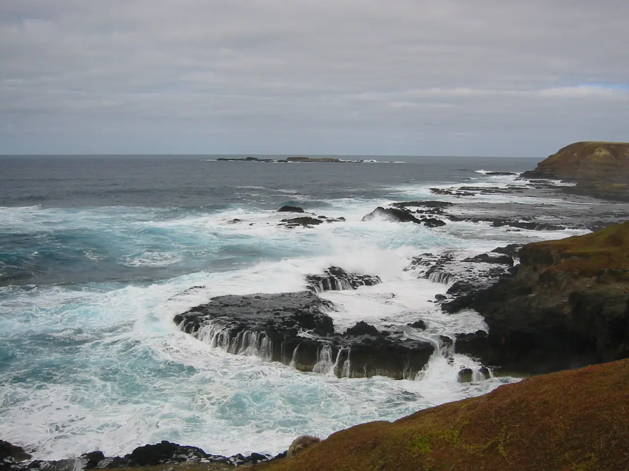 ชายฝั่งหินที่ Nobbies ทางตะวันตกของ Phillip Island มีคลื่นซัดหินดำ ภาพจาก Wikimedia Commons ผู้ถ่าย Cookaa สัญญา CC BY-SA 3.0 ภาพเก่า ไม่ทราบปีถ่าย