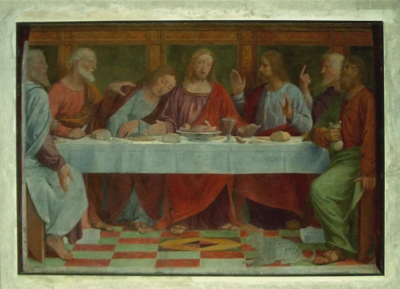 จิตรกรรมฝาผนังฉากอาหารมื้อสุดท้ายของ Bernardino Luini ที่โบสถ์ Santa Maria degli Angeli ในลูกาโน ภาพจาก Wikimedia Commons ผู้ถ่าย Laurom ภาพสาธารณสมบัติ ไม่ทราบปีที่ถ่าย ไม่ได้ตรวจสิทธิ์การเข้าชมภายในโบสถ์