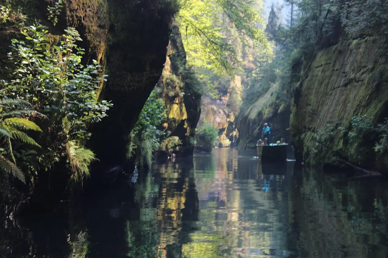 เรือในหุบเขา Edmund's Gorge (Edmundsklamm) ผนังหินสองข้างปกคลุมด้วยตะไคร่และเฟิร์น ภาพจาก Wikimedia Commons ผู้ถ่าย Zinneke สัญญา CC BY-SA 3.0 ถ่ายเดือน ส.ค. 2015 ตามชื่อไฟล์ ก่อนไฟป่าปี 2022