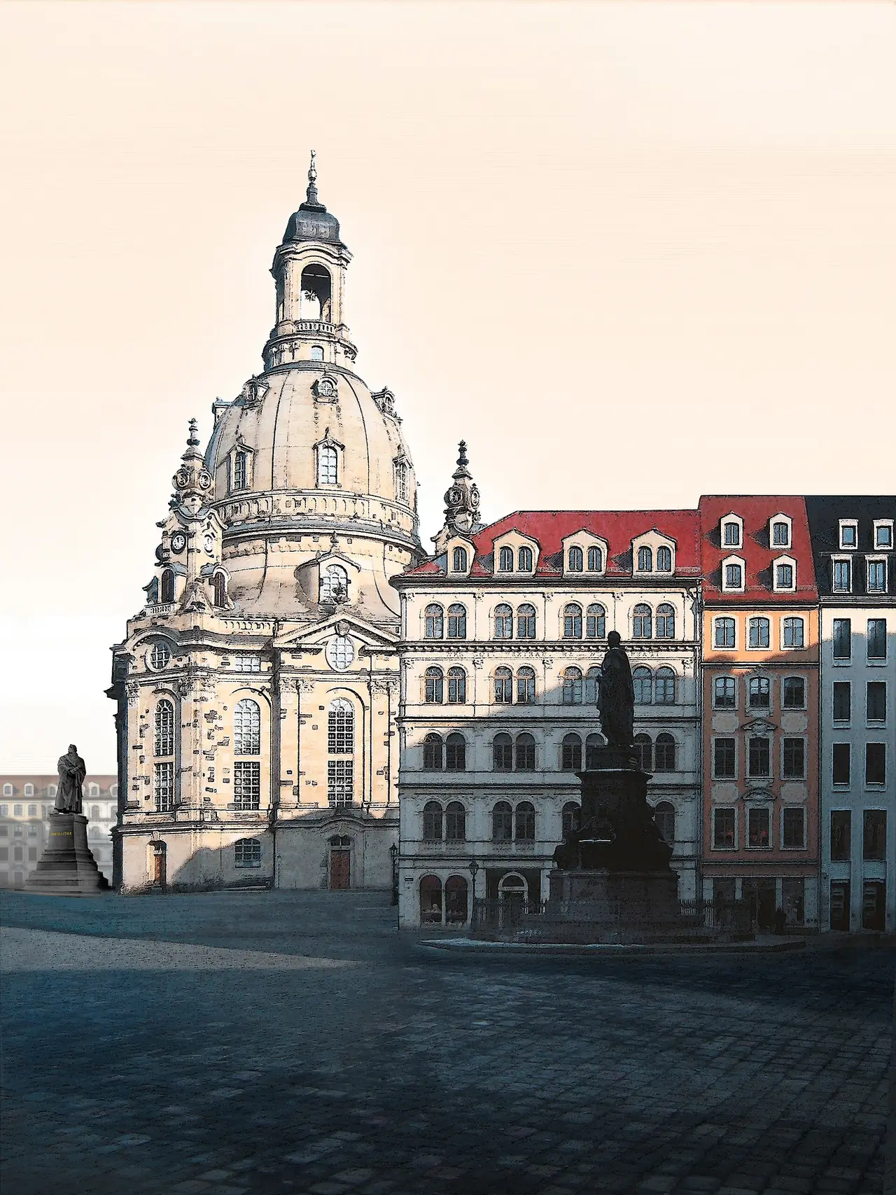 โบสถ์ Frauenkirche เดรสเดนที่ลานนอยมาร์คท์ เห็นรูปปั้นมาร์ติน ลูเทอร์ทางซ้ายของภาพ ภาพนี้ผู้ถ่ายปรับสีให้โทนอ่อน ภาพจาก Wikimedia Commons ผู้ถ่าย Ingo G. Krasenbrink สัญญา CC BY-SA 4.0 ปีที่ถ่ายไม่ระบุ