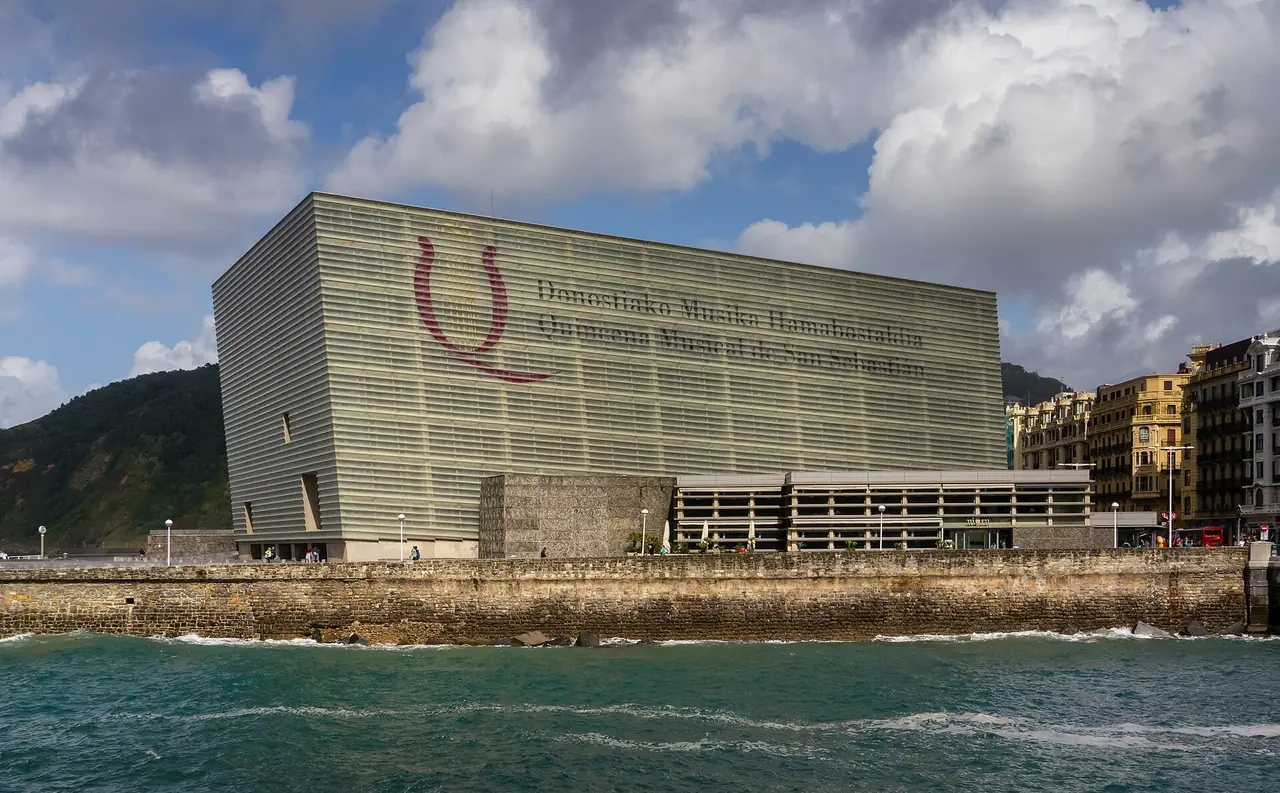 อาคาร Kursaal ริมแม่น้ำ Urumea ในซานเซบาสเตียน ภาพถ่ายจาก Wikimedia Commons ผู้ถ่าย Ermell สัญญา CC BY-SA 4.0 ไม่ระบุปีที่ถ่ายบนคอมมอนส์