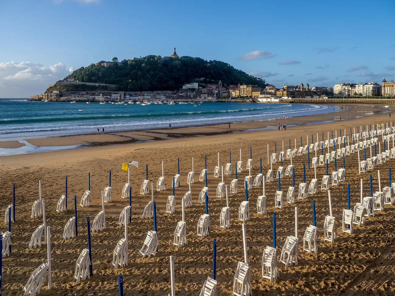 หาด Kontxa (La Concha) กับภูเขา Urgull ด้านหลังและร่มชายหาดเรียงแถว ภาพถ่ายจาก Wikimedia Commons ผู้ถ่าย Ermell สัญญา CC BY-SA 4.0 ไม่ระบุปีที่ถ่ายบนคอมมอนส์