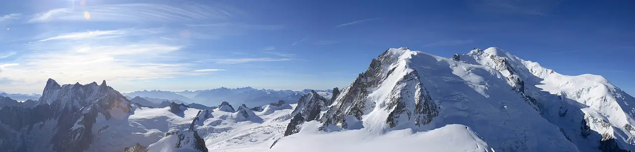 พาโนรามายอดเขาหิมะมองจาก Aiguille du Midi ภาพนี้เป็นภาพพาโนรามาแคบยาว ภาพจาก Wikimedia Commons ผู้ถ่าย Benh LIEU SONG สัญญา CC BY-SA 3.0