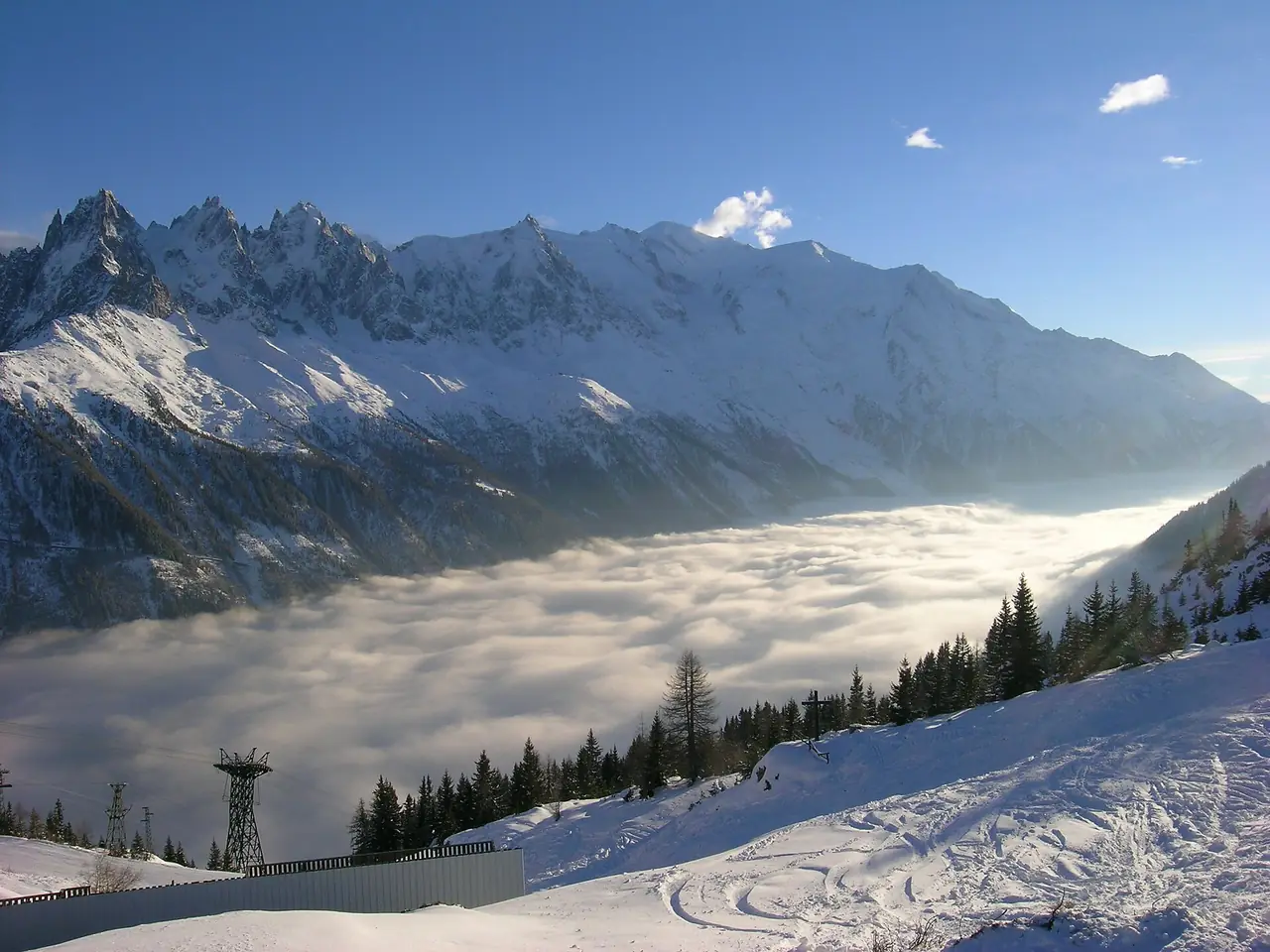 หุบเขา Chamonix เต็มไปด้วยทะเลหมอกและยอดเขาปกคลุมหิมะ มีเสาลิฟต์อยู่ด้านล่าง ภาพจาก Wikimedia Commons ผู้ถ่าย Daniel Simpson สัญญา CC BY 2.0