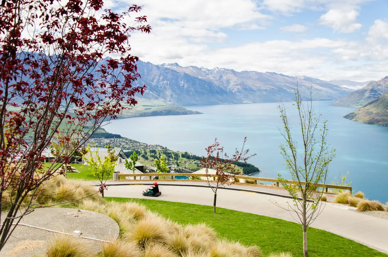 สนามหญ้าและทะเลสาบ Wakatipu บนเนินที่ Skyline ภาพนี้เป็นวิวใกล้ทางลูจ ไม่เห็นรางลูจ ภาพจาก Wikimedia Commons ผู้ถ่าย Ghislain Mary สัญญา CC BY-SA 2.0