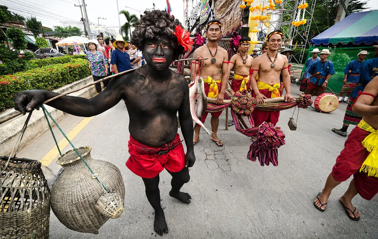 Parade participants in costume at the Yasothon rocket festival, Saturday 2013